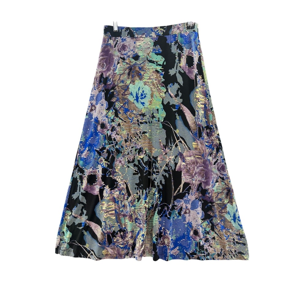 Kasper Abstract Floral Midi Skirt Womens Medium Blue Green A-Line Excellent